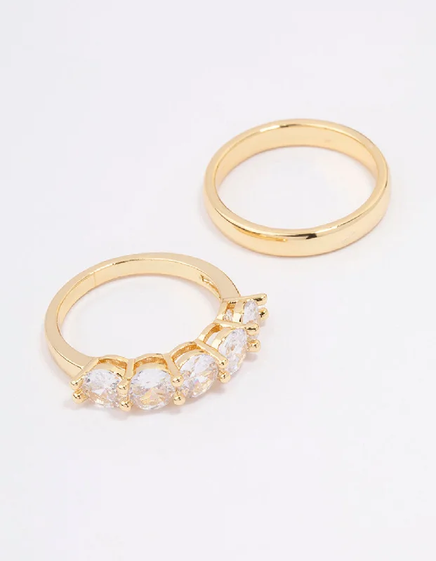 men’s rugged leather bracelet Gold Plated Round Cubic Zirconia Double Band Ring