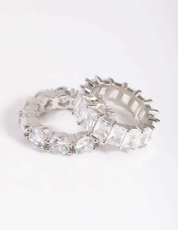 dainty birthstone ring for women Rhodium Cubic Zirconia Baguette Ring Stack Pack