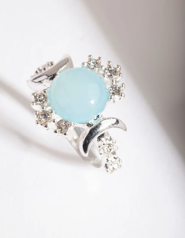 modern hexagon stud earrings Silver Vanilla Synthetic Opal Moon Diamante Ring