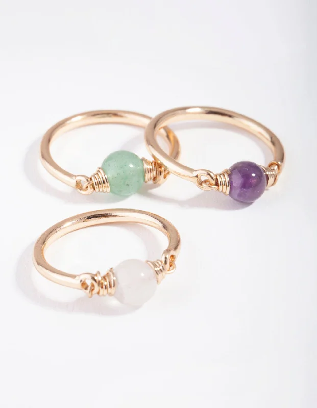 vintage-style floral brooch Gold Semi-Precious Sphere 3-Stack Ring
