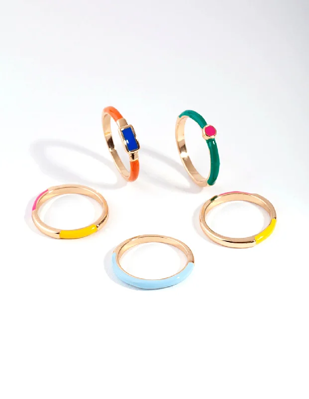 dainty lotus flower ring Gold Matte Bright 5-Pack Ring Set