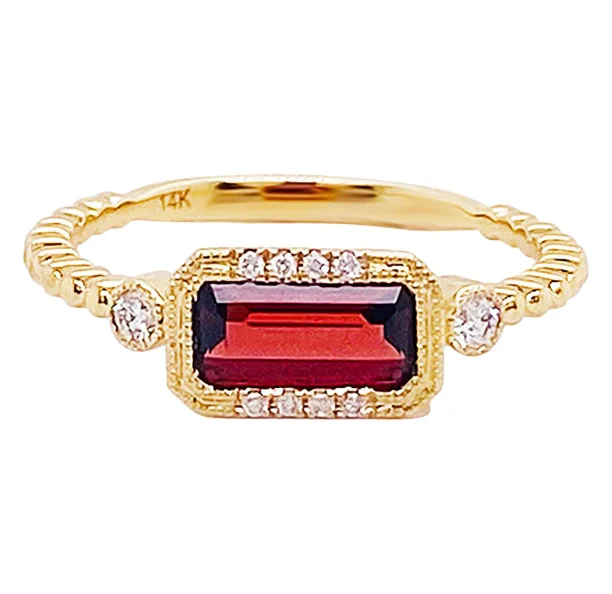 unique gemstone cocktail ring Horizontal Garnet & Diamond Ring
