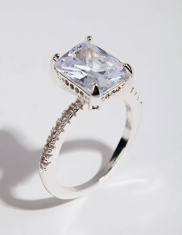twisted rope gold chain Silver Emerald Cut Cubic Zirconia Diamante Band Ring