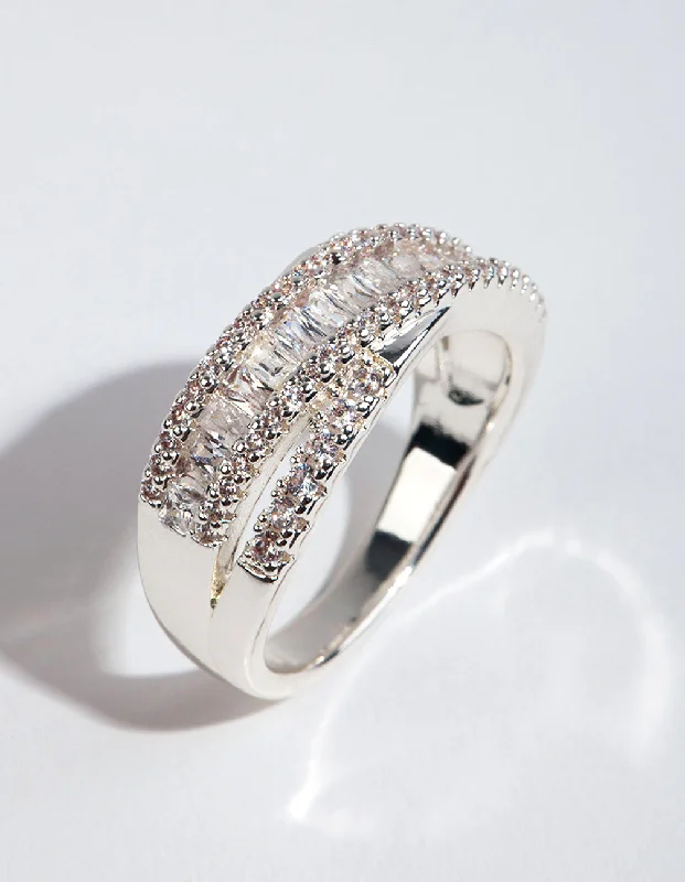 men’s tungsten wedding ring Silver Plated Cubic Zirconia Crossover Baguette Ring