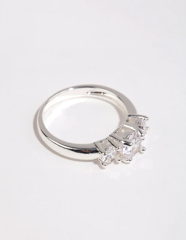 hammered gold signet ring Silver Plated Cubic Zirconia Triple Stone Ring