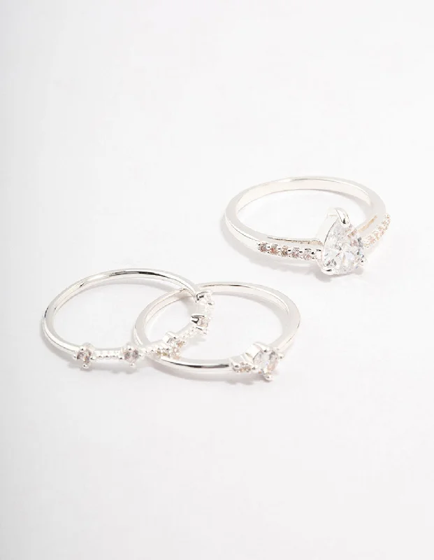 vintage diamond drop necklace Silver Plated Elegant Stacking Ring 3-Pack