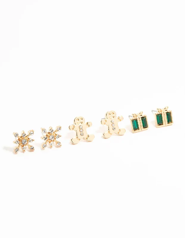 solid gold cartilage hoop Snowflake & Present Earrings Ornament 3-Pack
