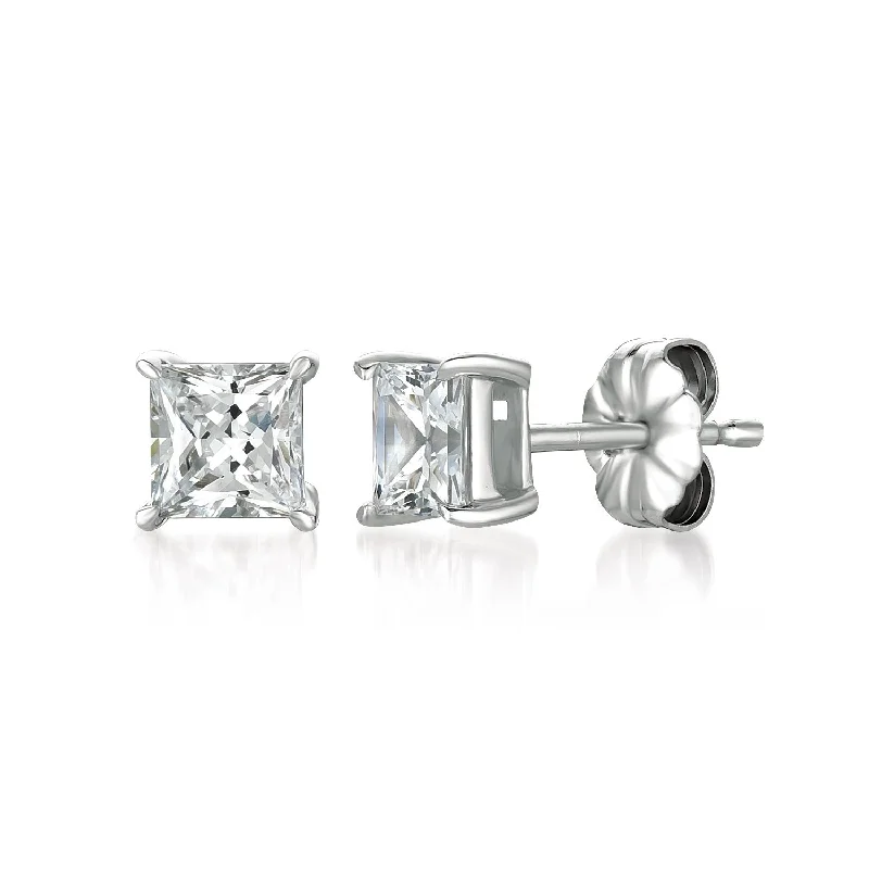 Solitaire Princess Stud Earrings Finished in Pure Platinum - 1.5 Cttw