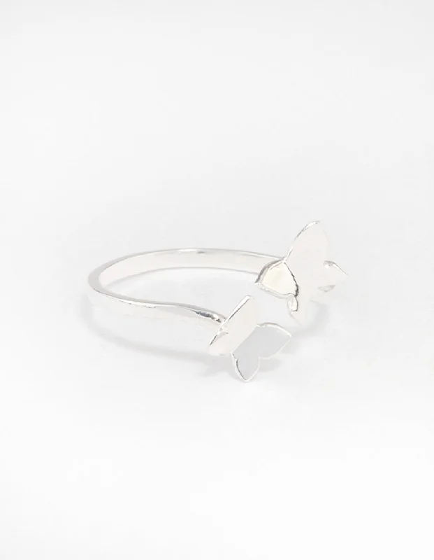 gothic skull ring for men Sterling Silver Double Butterfly Ring