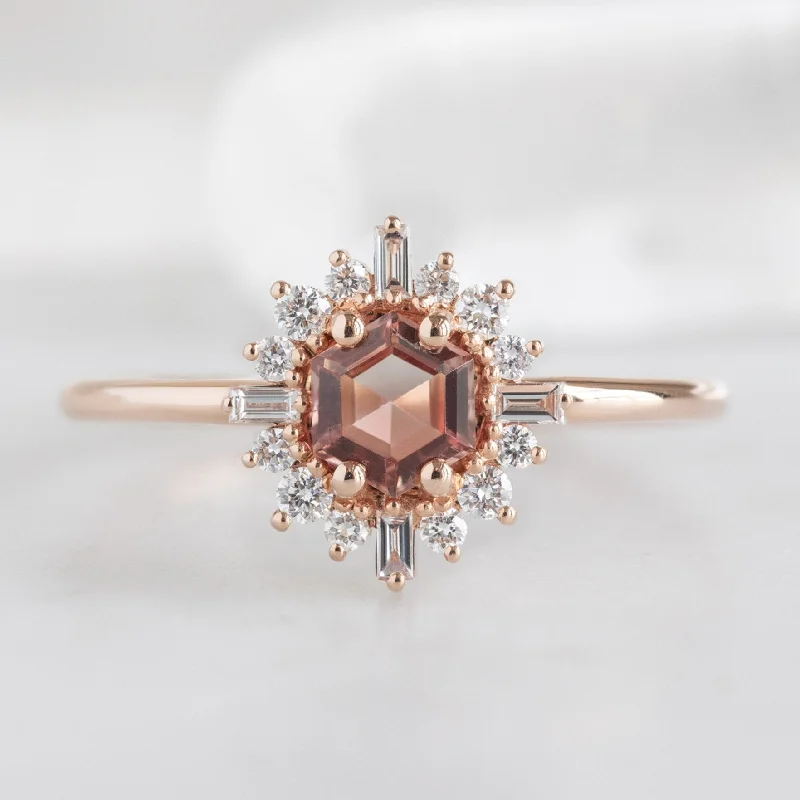 vintage-style diamond halo ring The Compass Ring | 0.37ct Hexagon Sunstone in 14K Rose Gold vintage-style diamond halo ring The Compass Ring | 0.37ct Hexagon Sunstone in 14K Rose Gold