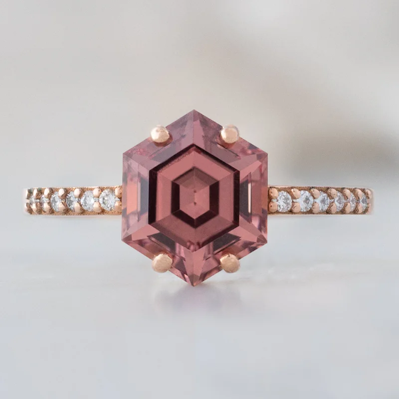 classic diamond solitaire earrings The Willow Ring | 1.88ct Hexagon Cut Garnet in 14K Rose Gold