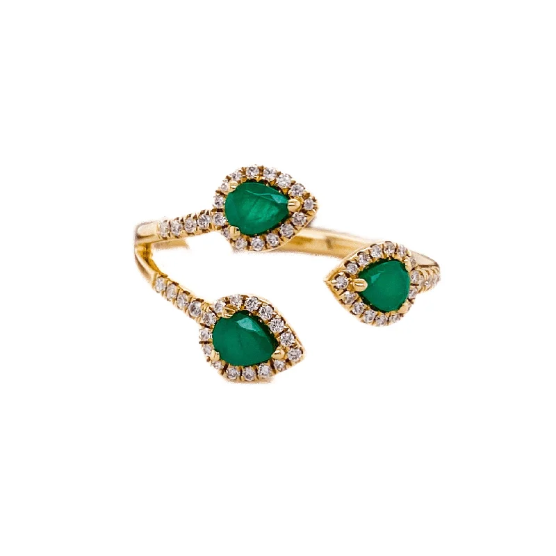 Three Emerald Pear Diamond Halo Ring