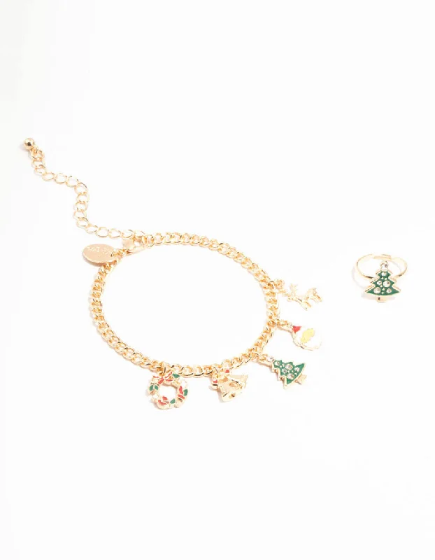 vintage Victorian brooch pin Tree Motif Gold Ring & Charm Bracelet Set