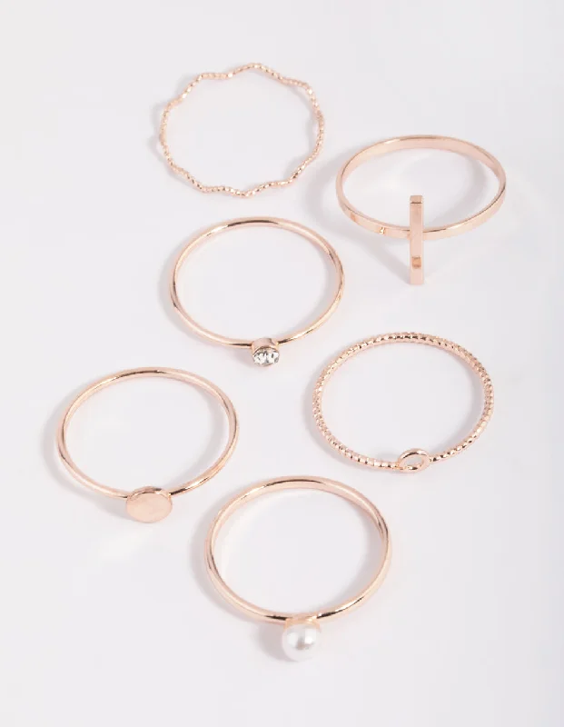 hammered silver wedding band Rose Gold Dainty Pearl Ring Stack 6-Pack