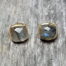 Gold Cushion Labradorite Stud Earrings