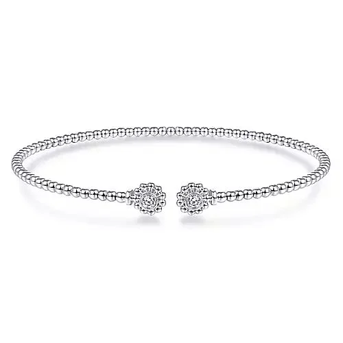 14K White Gold Bujukan Split Cuff Bracelet with Diamond Flower Caps