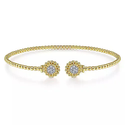 14K Yellow Gold Bujukan Split Cuff Bracelet with Diamond Pave Flower Caps