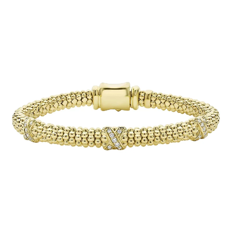 18K Gold Three Station X Diamond Caviar Bracelet