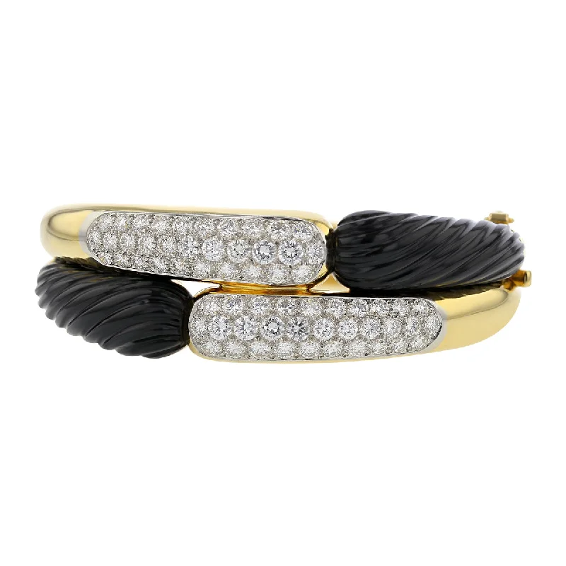 18K Yellow Gold Diamond and Onyx Bangle Bracelet