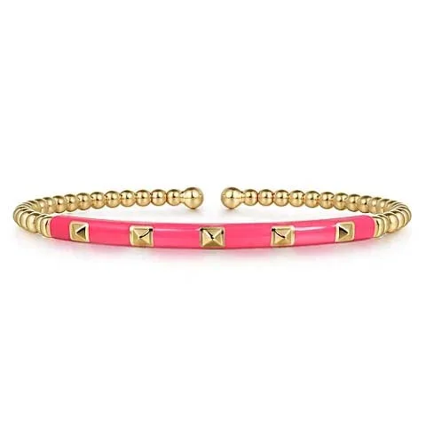 Gabriel & Co. Pink Enamel Pyramid and Bujukan Split Bangle in 14K Yellow Gold