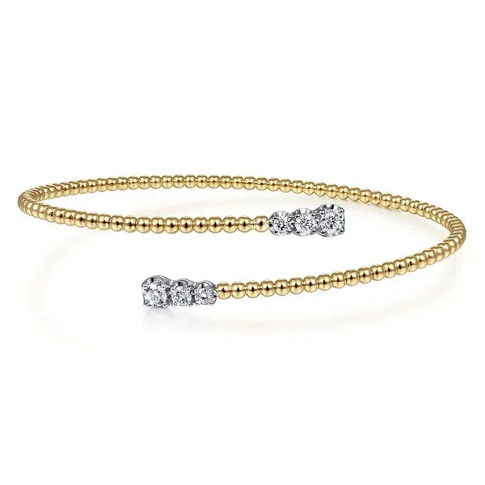 Gabriel & Co. Bujukan Bead Bypass Bangle with Graduated Diamond Caps in 14K Yellow Gold