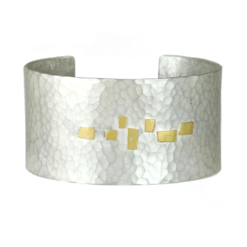 star-shaped cartilage stud earrings Hammered Sterling Silver Wide Cuff Bracelet with Gold Detail