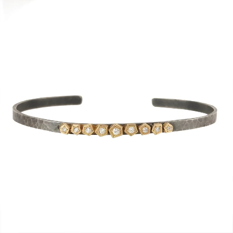 handmade leather cuff bracelet Mixed Metal Hammered Bezel-Set Diamond Cuff