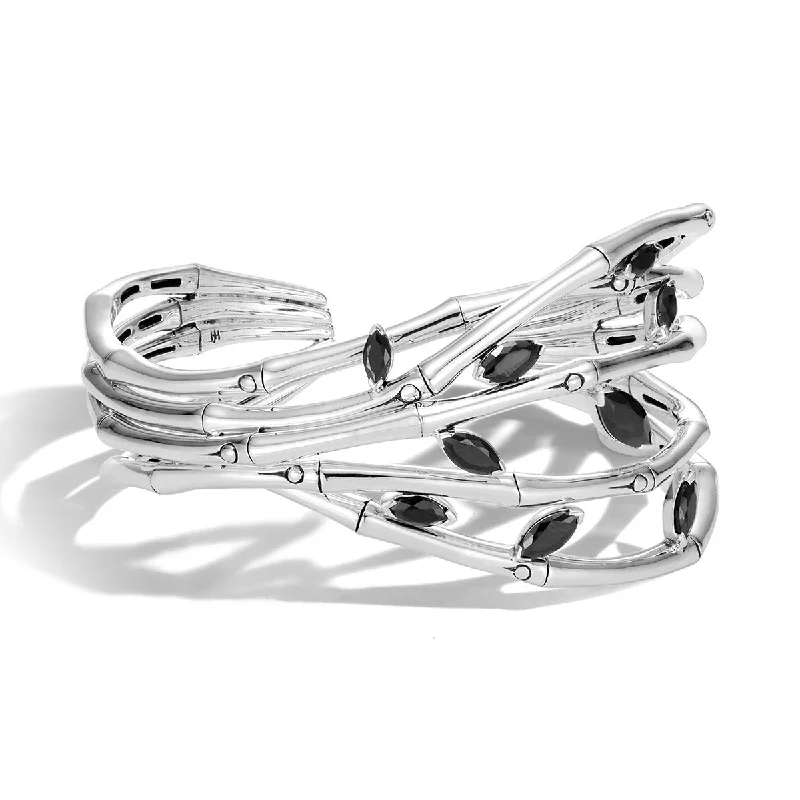 natural jade ring Bamboo Silver Flex Cuff with Black Spinel