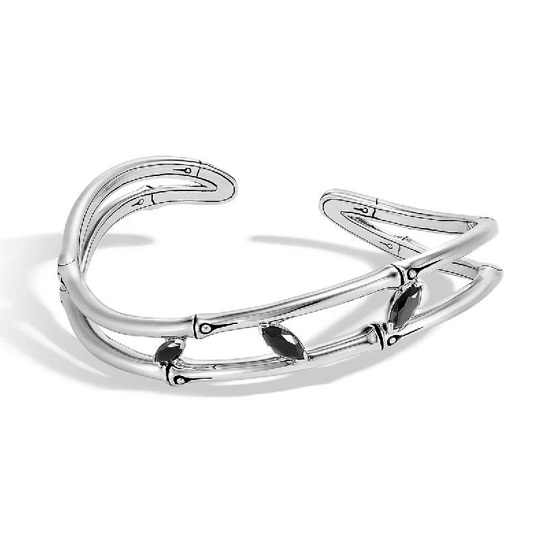opal gemstone halo ring Bamboo Silver Flex Cuff with Black Spinel