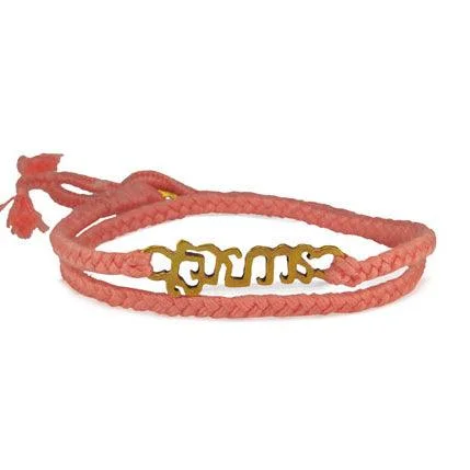sleek black titanium ring Brass "Brave" Bracelet on Coral Cotton Cord