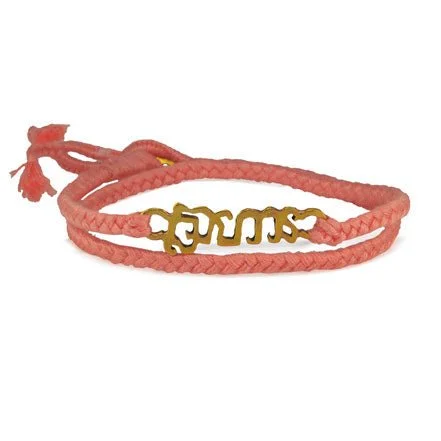 wedding band with diamonds Brass "Brave" Bracelet on Coral Cotton Cord