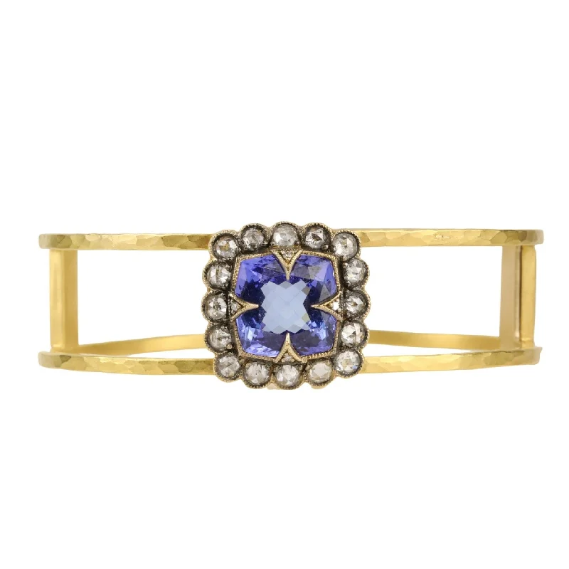 adjustable charm bracelet sterling silver 22k Gold Open "Double" Bracelet with Tanzanite Center and Diamond "Lace Edge"