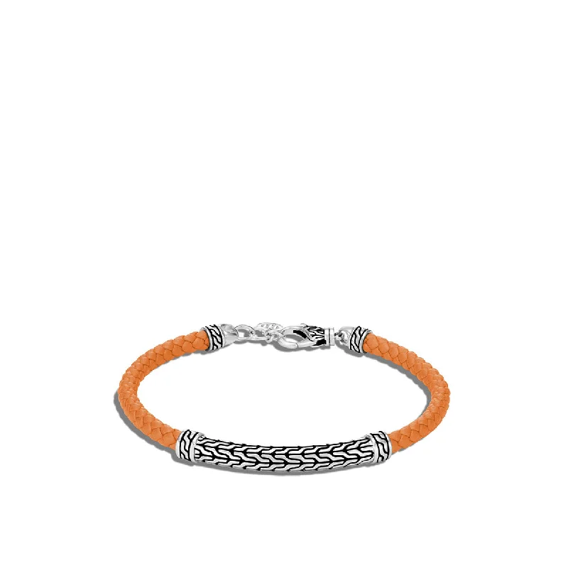 Classic Chain Silver Station Bracelet on Orange Woven Leather