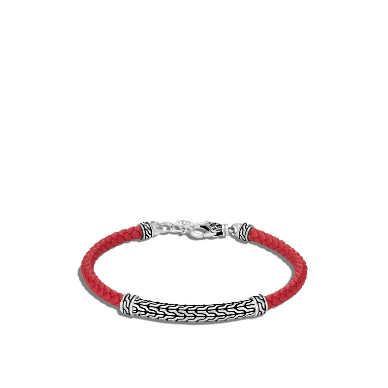 Classic Chain Silver Station Bracelet on Red Woven Leather