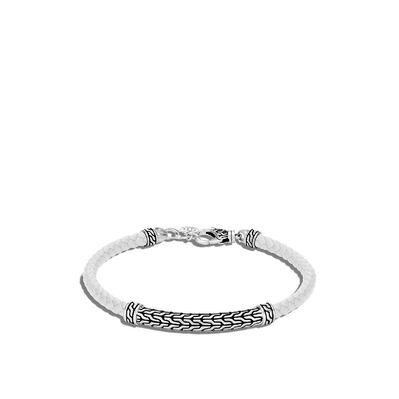 Classic Chain Silver Station Bracelet on White Woven Leather