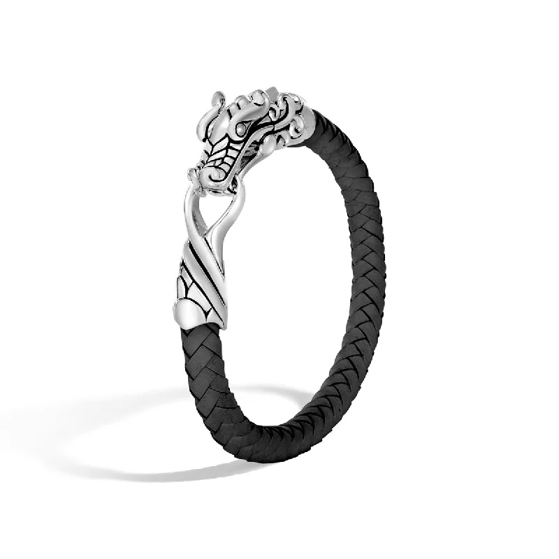 statement silver feather earrings Legends Naga Silver Bracelet on Black Leather