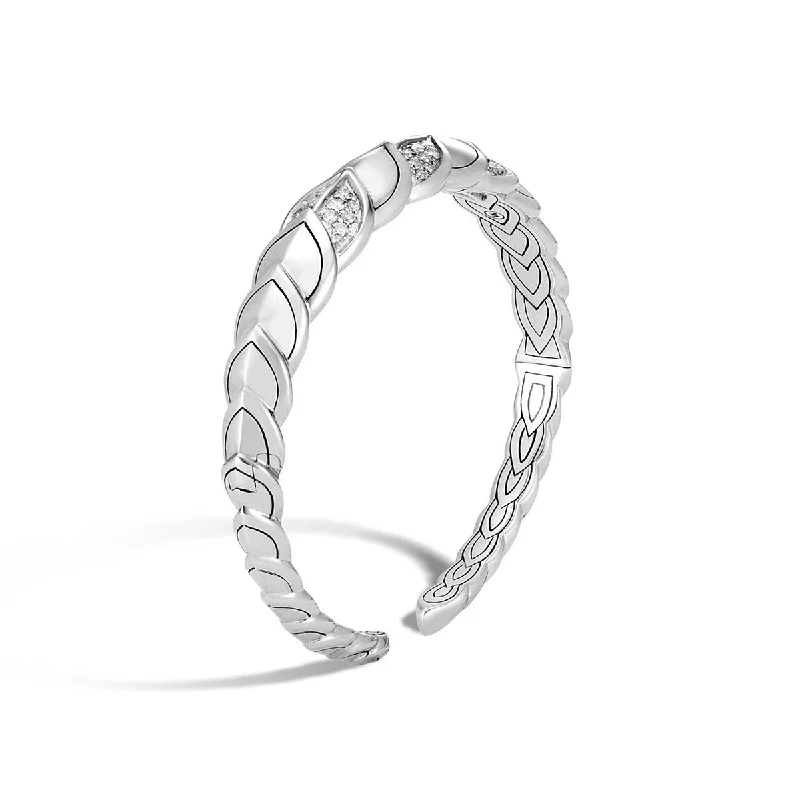 men’s woven leather bracelet Legends Naga Silver Diamond Pave Small Flex Cuff