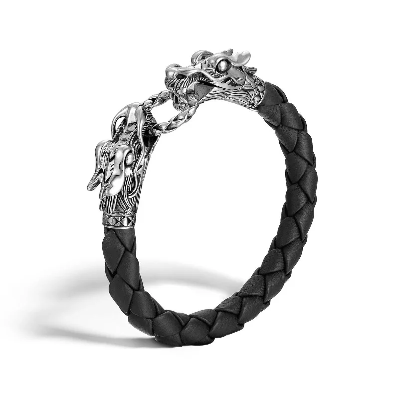 Legends Naga Silver Dragon Bracelet on Black Woven Leather