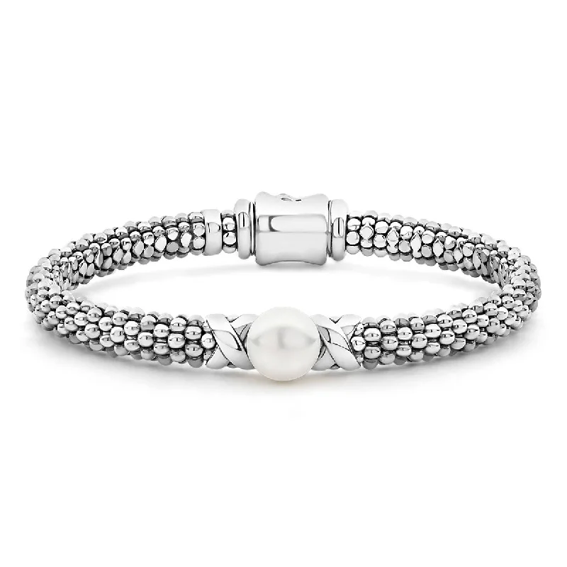 minimalist silver stacking bangles Silver X Pearl Caviar Bracelet