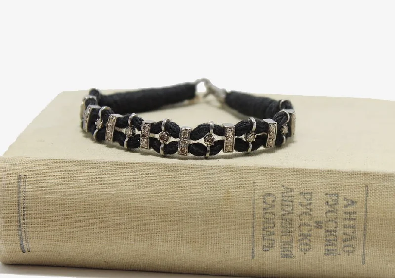 dainty gemstone choker necklace Woven Black Silk + Diamond Bracelet