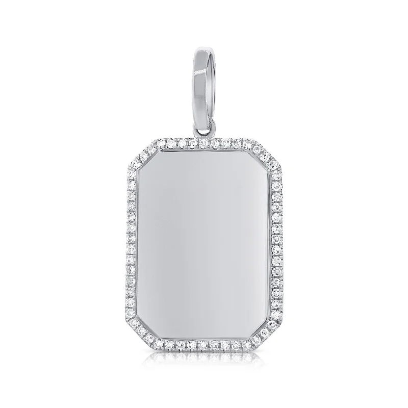 14K White Gold Diamond Border Polished Charm Pendant-Engraveable