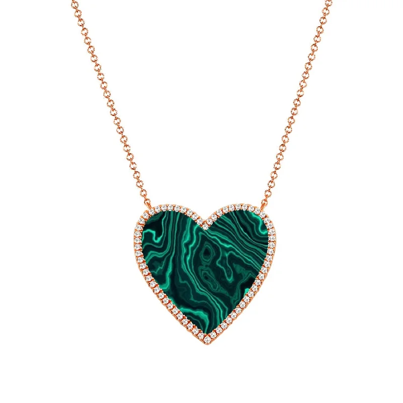 minimalist clover charm bracelet 14K Rose Gold Diamond + Malacite Large Heart Necklace