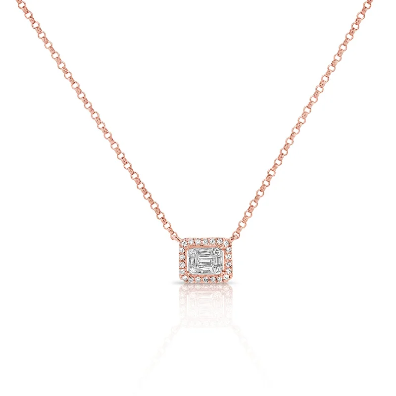 real opal engagement ring 14K Rose Gold Round+Baguette Cluster Necklace