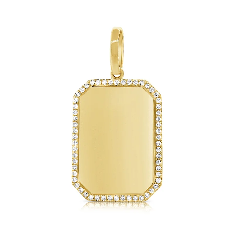 14K Yellow Gold Diamond Border Polished Charm Pendant-Engraveable