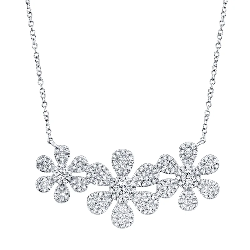 14K White Gold Diamond Tri-Flower Necklace