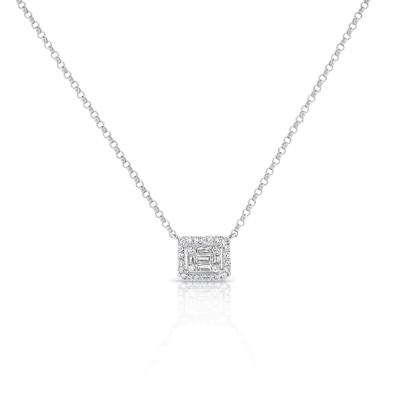 personalized gold bar necklace 14K White Gold Round+Baguette Cluster Necklace
