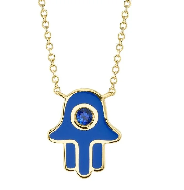 wide gold cuff bracelet 14K Yellow Blue Sapphire & Blue Enamel Hand Of God Necklace wide gold cuff bracelet 14K Yellow Blue Sapphire & Blue Enamel Hand Of God Necklace