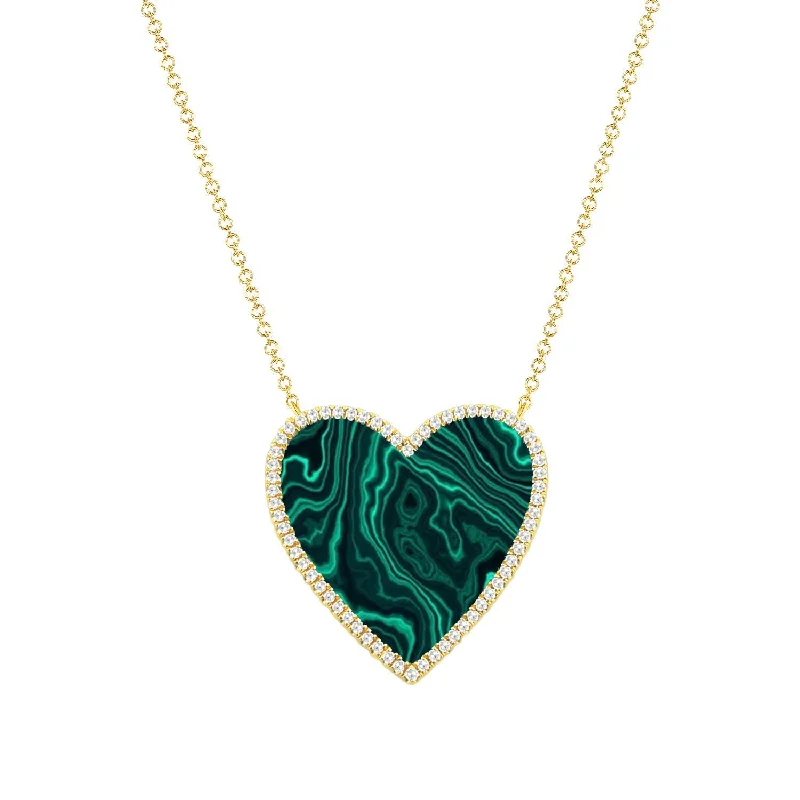 personalized hand-stamped bar ring 14K Yellow Gold Diamond + Malacite Large Heart Necklace