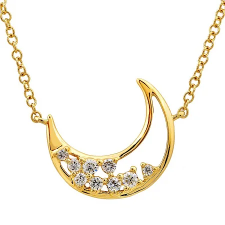 silver-plated bar necklace 14K Yellow Gold Diamond Open Moon Necklace