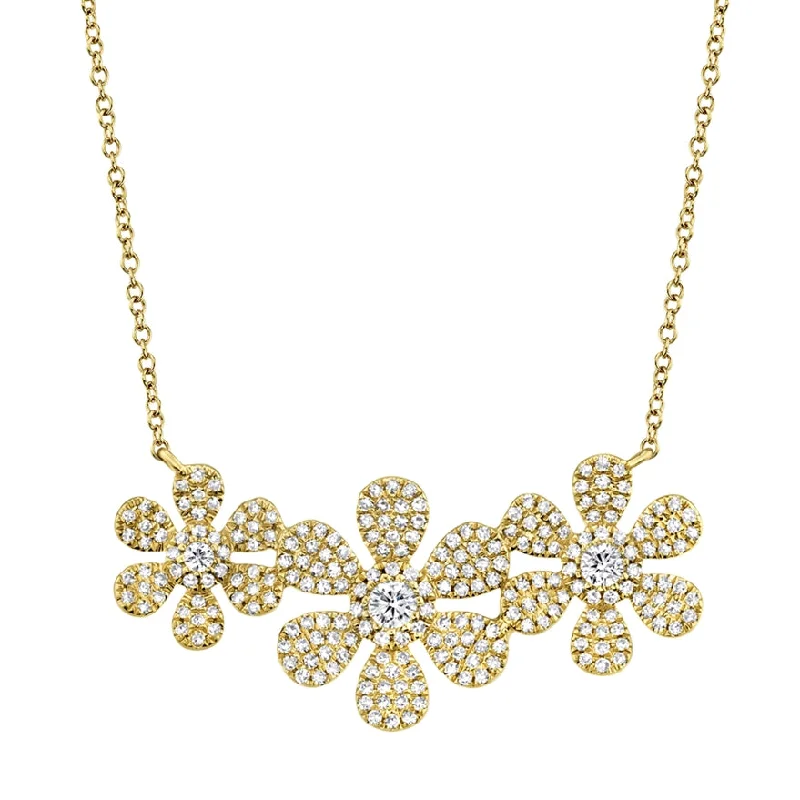 14K Yellow Gold Diamond Tri-Flower Necklace